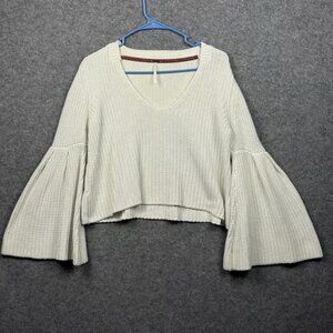 Free People Cream Bell Sleeve Knit Sweater V Neck Cropped Cozy Boho Size S